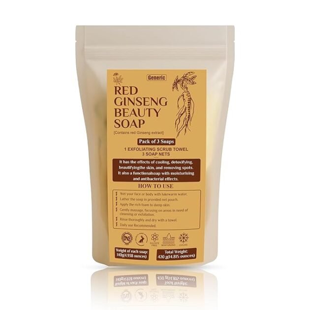 Red Ginseng Body Bar – Pack of 3 (120g Each) with Exfoliating Scrub Towel & 3 Soap Nets – Cooling, Detoxifying & Moisturizing – Made in Korea