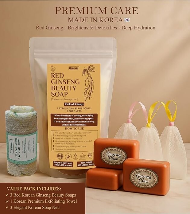 Red Ginseng Body Bar – Pack of 3 (120g Each) with Exfoliating Scrub Towel & 3 Soap Nets – Cooling, Detoxifying & Moisturizing – Made in Korea - Image 7